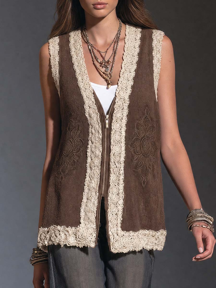 Boho Crochet Lace Trim Floral Embroidered Zip-Up Vest