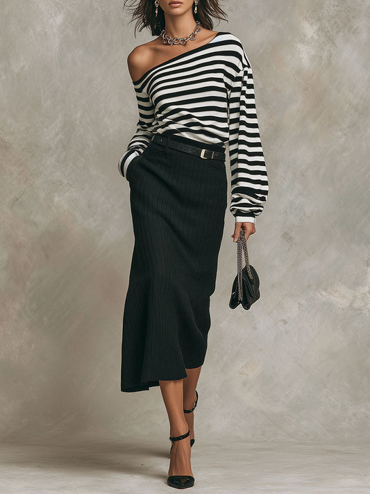 Boho Off-Shoulder Knit Striped Top & Textured Midi Skirt Set