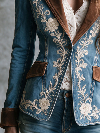 Vintage Cowboy Suede Lapel Floral Embroidery Denim Jacket
