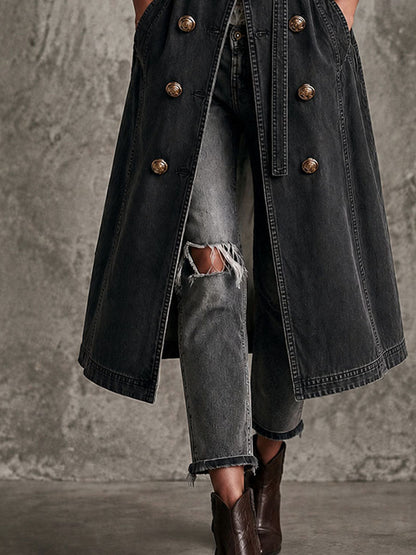 Retro Distressed Denim Lapel Double Breasted Belted Trench Coat