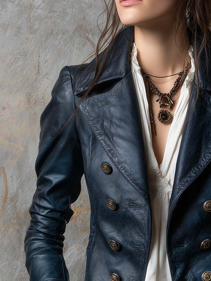 Military-inspired Double-breasted Faux Leather Jacket