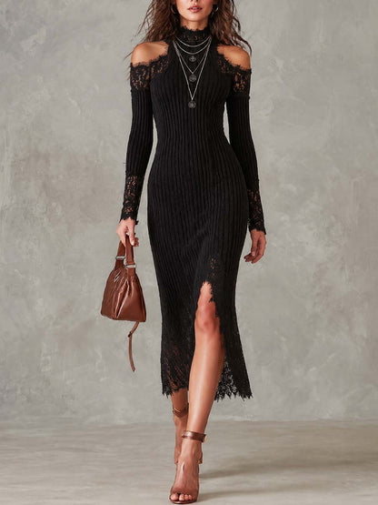 Vintage Lace Trim Cold-shoulder Knit Midi Dress