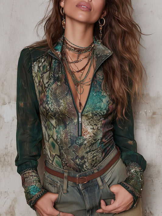 Retro Snake-print Satin Long-sleeve Blouse With Front Zipper