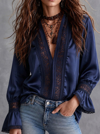 Boho Navy Satin Lace Trim Flare Long Sleeve Blouse
