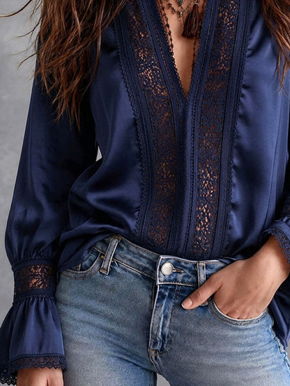 Boho Navy Satin Lace Trim Flare Long Sleeve Blouse
