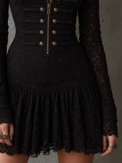 Vintage Military-style Double-breasted Lace Mini Dress