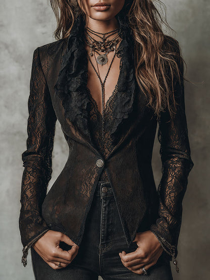 Elegant Single-button Slim-fit Blazer With Lace Ruffle Trim