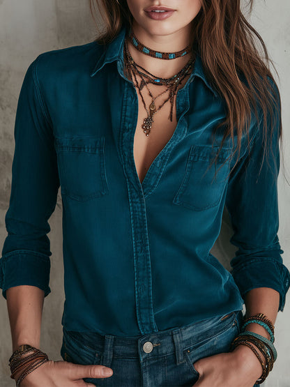 Vintage Shirt Collar Slim-fit Washed Denim Blouse With Patch Pockets
