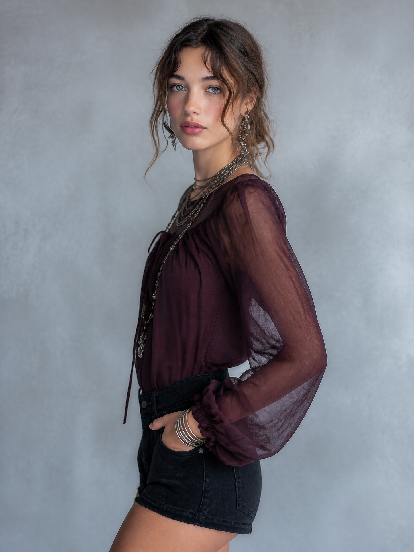 Vintage Sheer Chiffon Puff Sleeve Blouse with Tie Neck