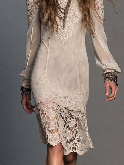 Boho Cream Lace Applique High Neck Sheer Long Sleeve Midi Dress