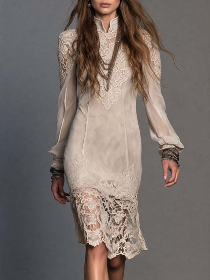 Boho Cream Lace Applique High Neck Sheer Long Sleeve Midi Dress