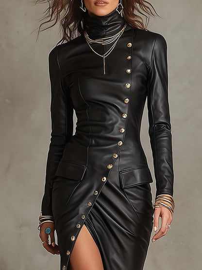 Elegant Faux Leather Turtleneck Long Sleeve Button-Front Slit Midi Dress