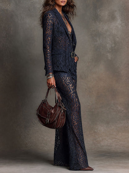 Vintage-style Slim-fit Lace Blazer With A Shawl Collar