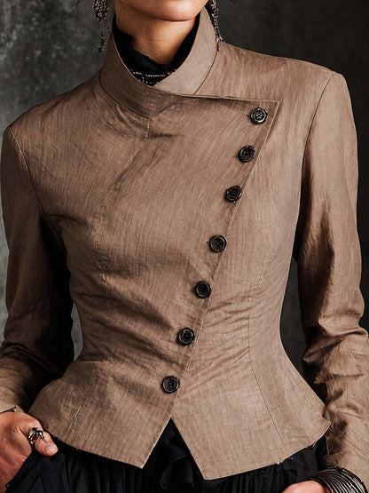 Elegant Cotton-linen Asymmetric Stand Collar Slim Fit Blazer Jacket