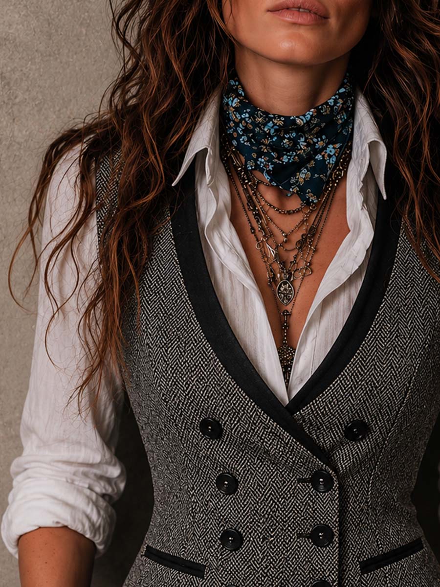 Vintage Contrast Trim Herringbone Vest