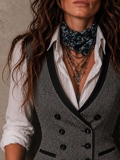 Vintage Contrast Trim Herringbone Vest