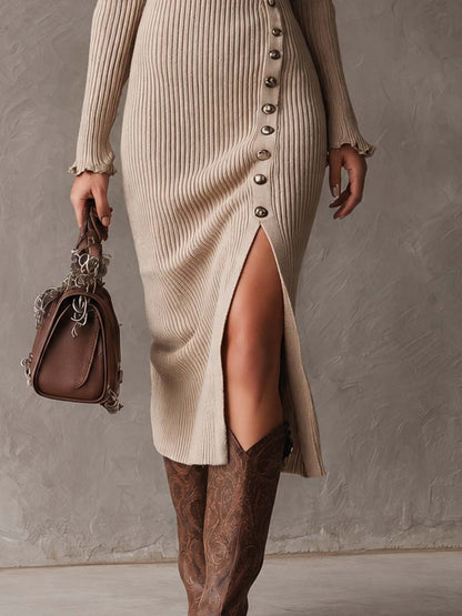 Vintage Ruffled Stand Collar Slit Hem Knit Midi Dress