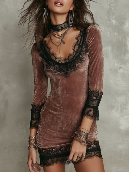 Vintage-style Lace Trim Velvet Fitted Mini Dress