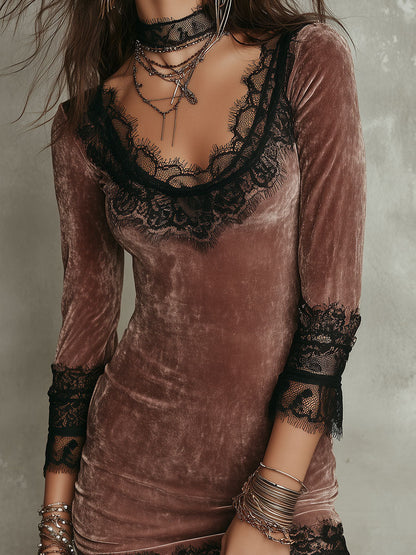 Vintage-style Lace Trim Velvet Fitted Mini Dress