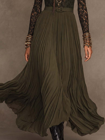 Boho Dark Olive Green Lace Chiffon High Neck Long Sleeve Pleated Maxi Dress With Belt