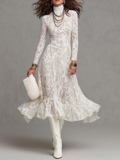 Elegant Sheer Floral Lace Turtleneck Long Sleeve Midi Dress