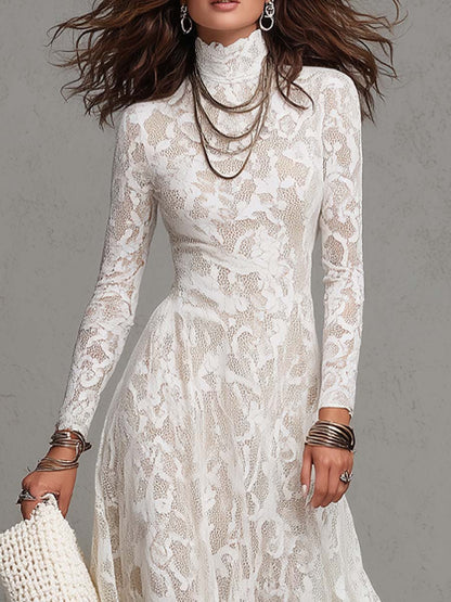 Elegant Sheer Floral Lace Turtleneck Long Sleeve Midi Dress