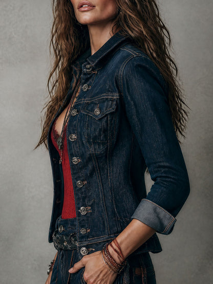 Vintage Wash Denim Jacket with Studded Button Detail