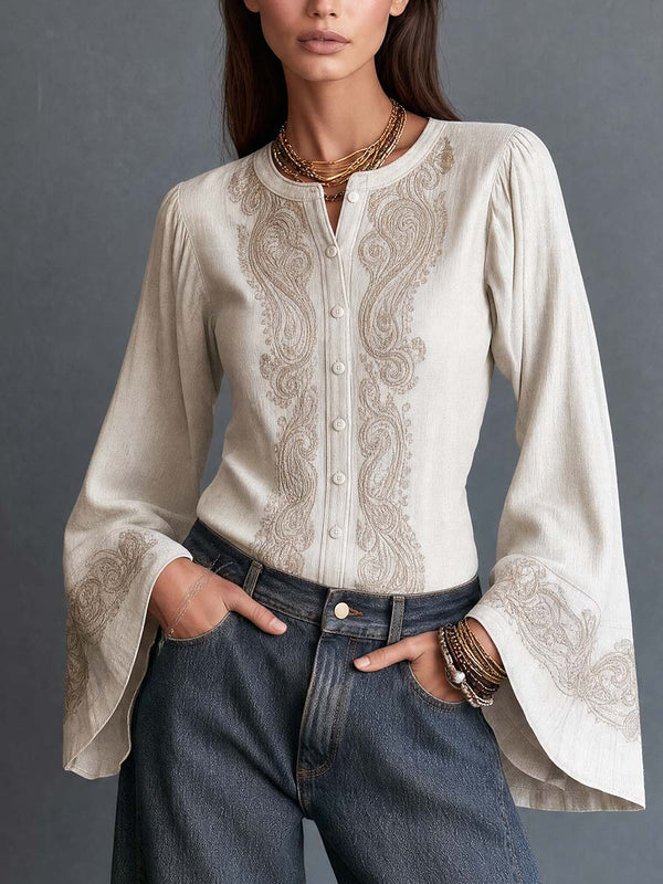 Boho Ivory Paisley Embroidery Long Bell Sleeve Button-Down Shirt