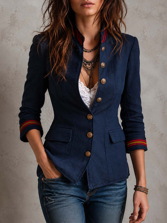 Retro Contrast Striped Cuffs Flap Pockets Blazer