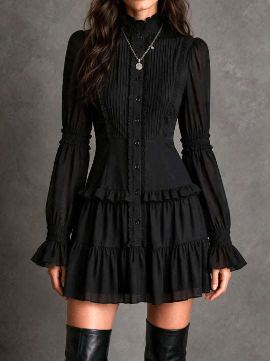 Gothic Frill Button Shirt Mini Dress With Flared Cuff
