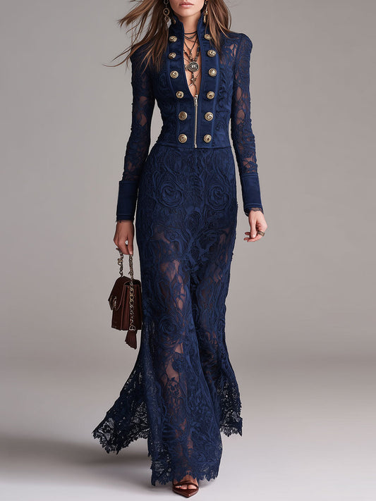 Boho Faux Suede And Lace-panel Double-breasted Maxi Dress