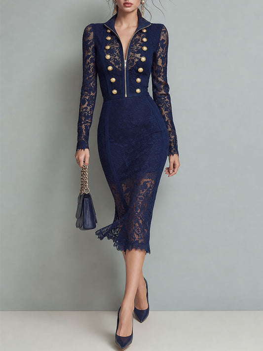Retro Lace Long Sleeve Midi Dress with Gold Button Detail