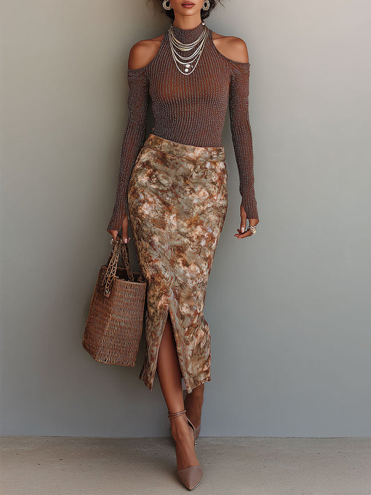 Retro Shimmer Cut-Out Shoulder Top & Oil Painting Floral Print Front-Slit Skirt Set