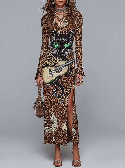Retro Rock-style Leopard And Cat Print High-slit Maxi Dress