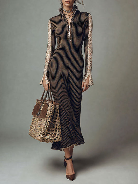 Boho Striped Zip-Up High Neck Knit Maxi Dress with Lace Sleeve Detail