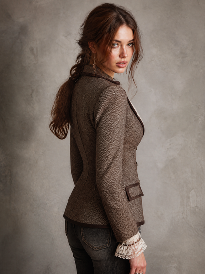 Elegant Classic Brown Herringbone Tweed Fitted Blazer with Contrast Lapel