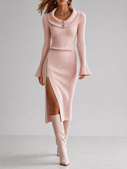 Pink Ribbed Knit Cowl Neck Zip-Slit Midi Dress