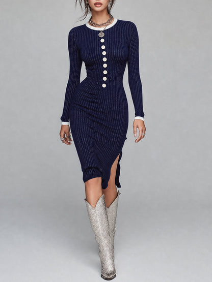 Vintage Navy Ribbed Knit Button-Front Midi Dress