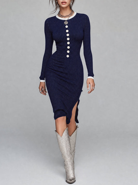Vintage Navy Ribbed Knit Button-Front Midi Dress