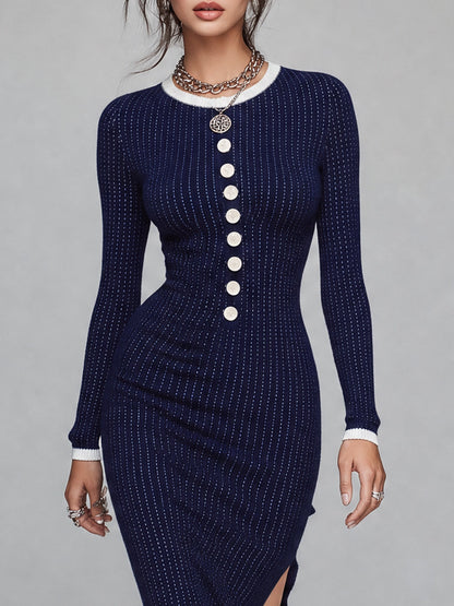 Vintage Navy Ribbed Knit Button-Front Midi Dress