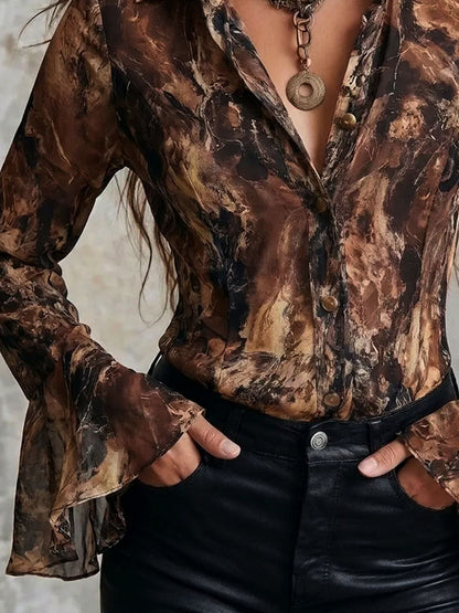 Boho Earth Tone Abstract Pattern Chiffon Blouse With Flared Sleeve