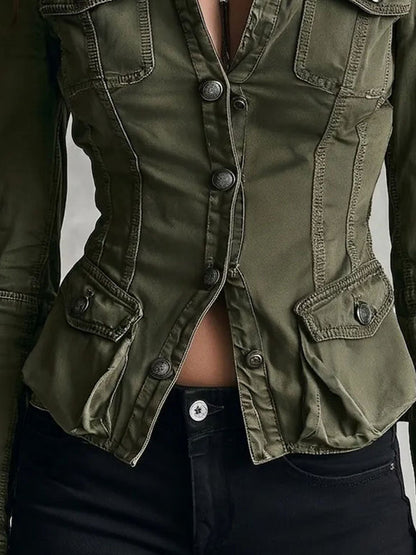 Vintage Army Green Wash Cotton Multi‑Pocket Jacket