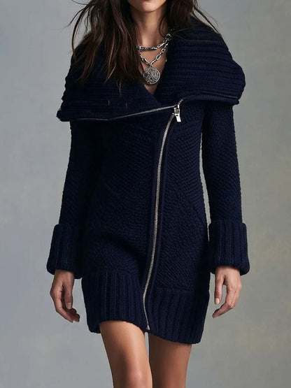 Boho Chunky Cable Knit Asymmetric Zip Collared Sweater Dress