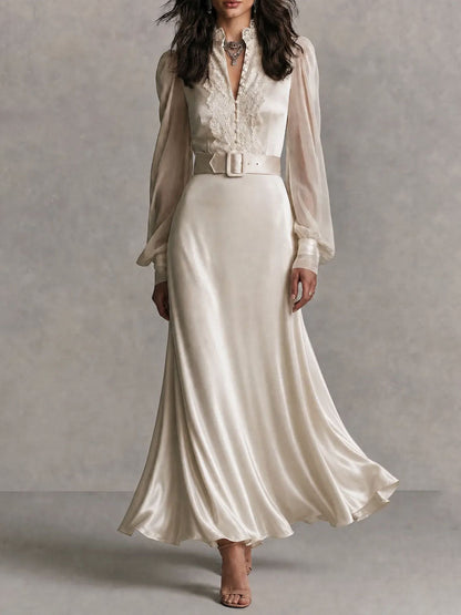 Vintage Lace Trim Satin Belted Long Sleeve Guest Maxi Dress