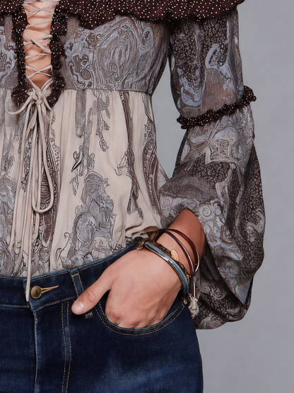 Bohemian Brown Paisley Lace-Up Ruffle Blouse
