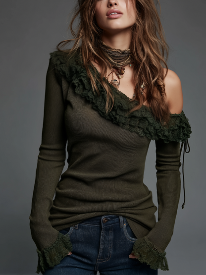 Romantic Olive Ruffle One-Shoulder Knit Top