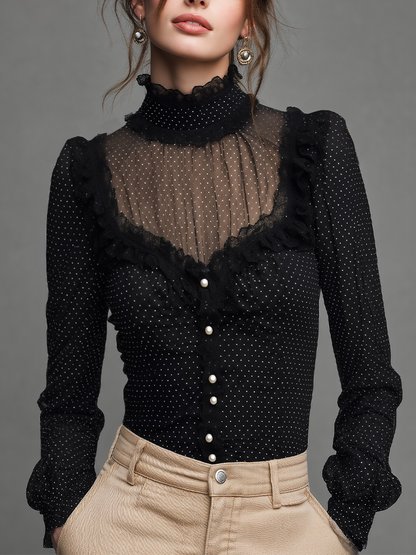 Romantic Black Polka Dot Sheer Lace Ruffle Blouse