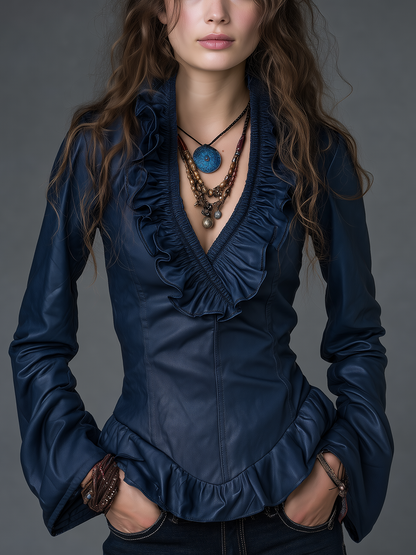 Vintage Navy Ruffle Tie-Front Top