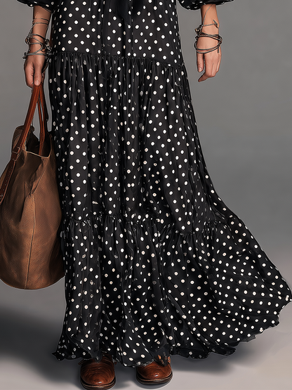 Romantic Black Polka Dot Lace Trim Maxi Dress