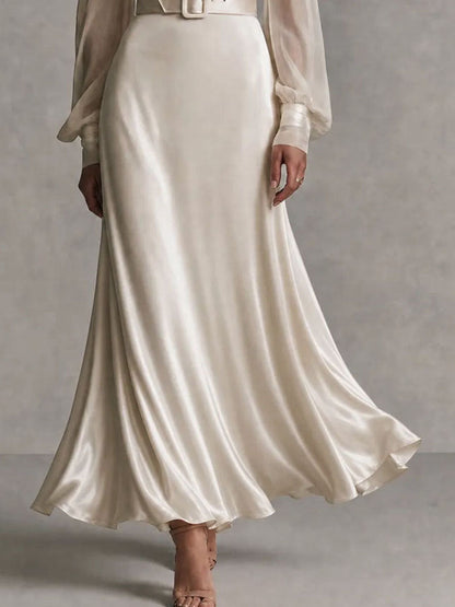 Vintage Lace Trim Satin Belted Long Sleeve Guest Maxi Dress